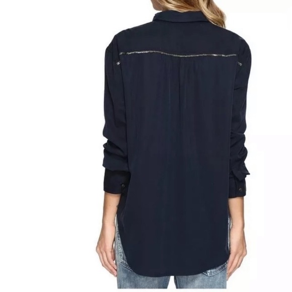 Free People Campus Button Down Navy Blue Top - Picture 3 of 9